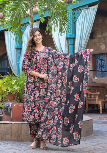 Varanga Black Floral Embellished Kurta With Afghani Pant And Dupatta